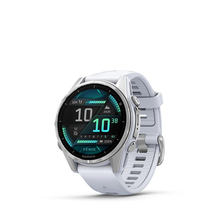 650529-01::0::650529-01::Garmin, fenix 8 AMOLED 43mm, Montre, Couleur de la montre: Argent, Bracelet: Pierre Blanche - Silicone