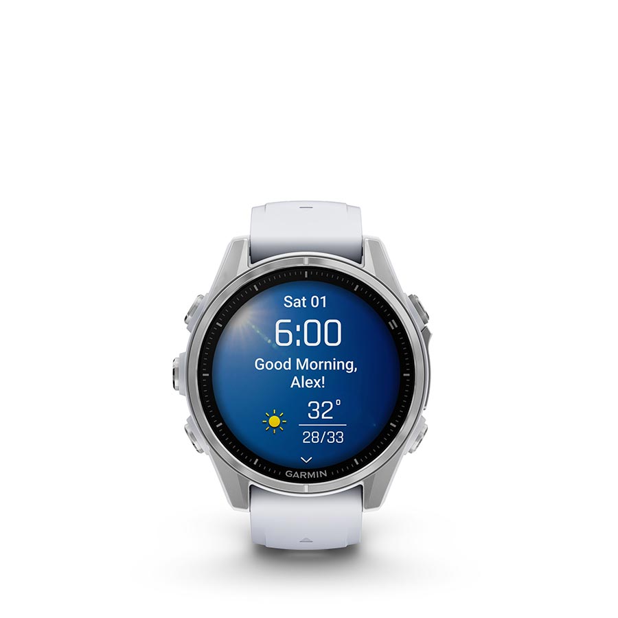 650529-01::1::650529-01::Garmin, fenix 8 AMOLED 43mm, Montre, Couleur de la montre: Argent, Bracelet: Pierre Blanche - Silicone
