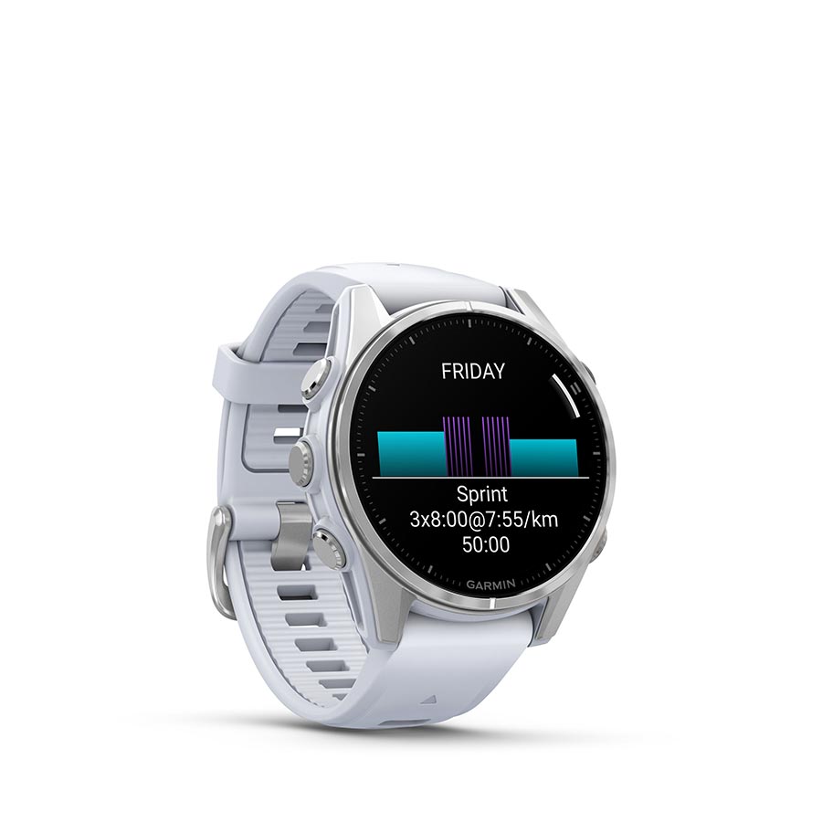 650529-01::2::650529-01::Garmin, fenix 8 AMOLED 43mm, Montre, Couleur de la montre: Argent, Bracelet: Pierre Blanche - Silicone