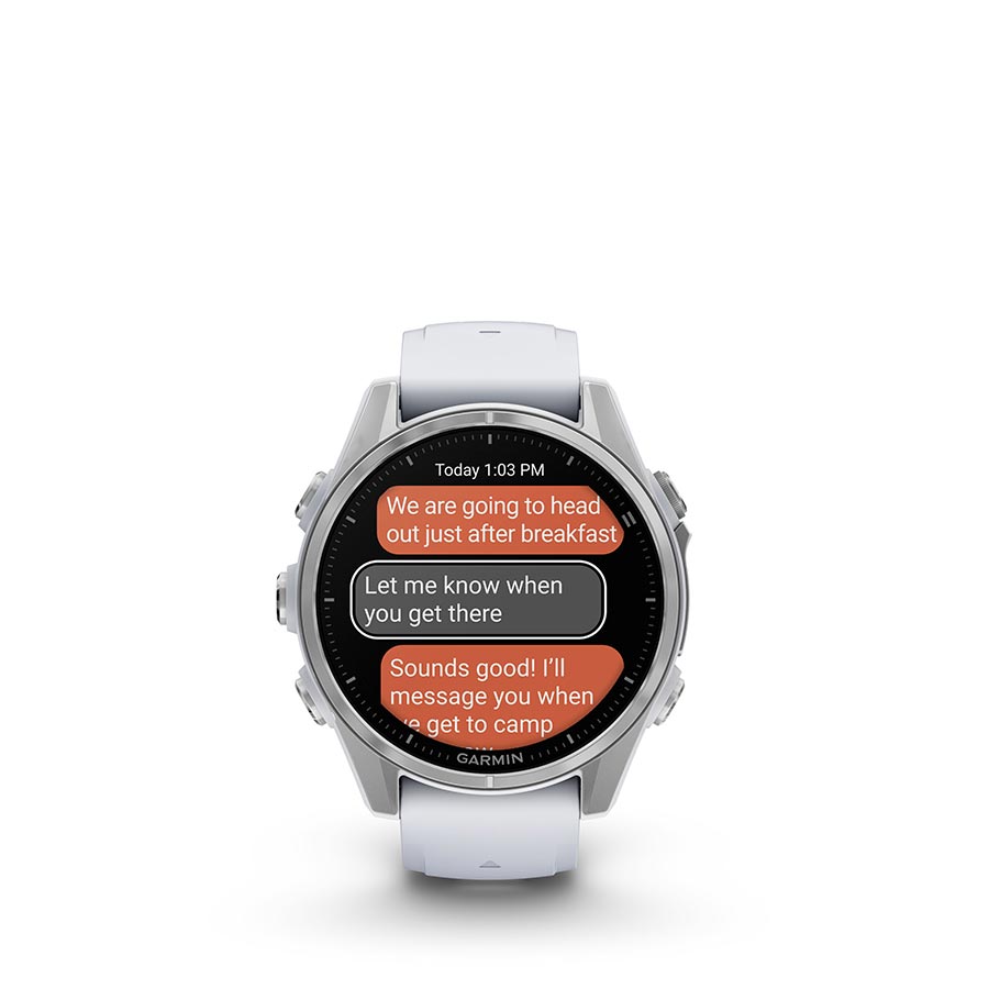 650529-01::9::650529-01::Garmin, fenix 8 AMOLED 43mm, Montre, Couleur de la montre: Argent, Bracelet: Pierre Blanche - Silicone