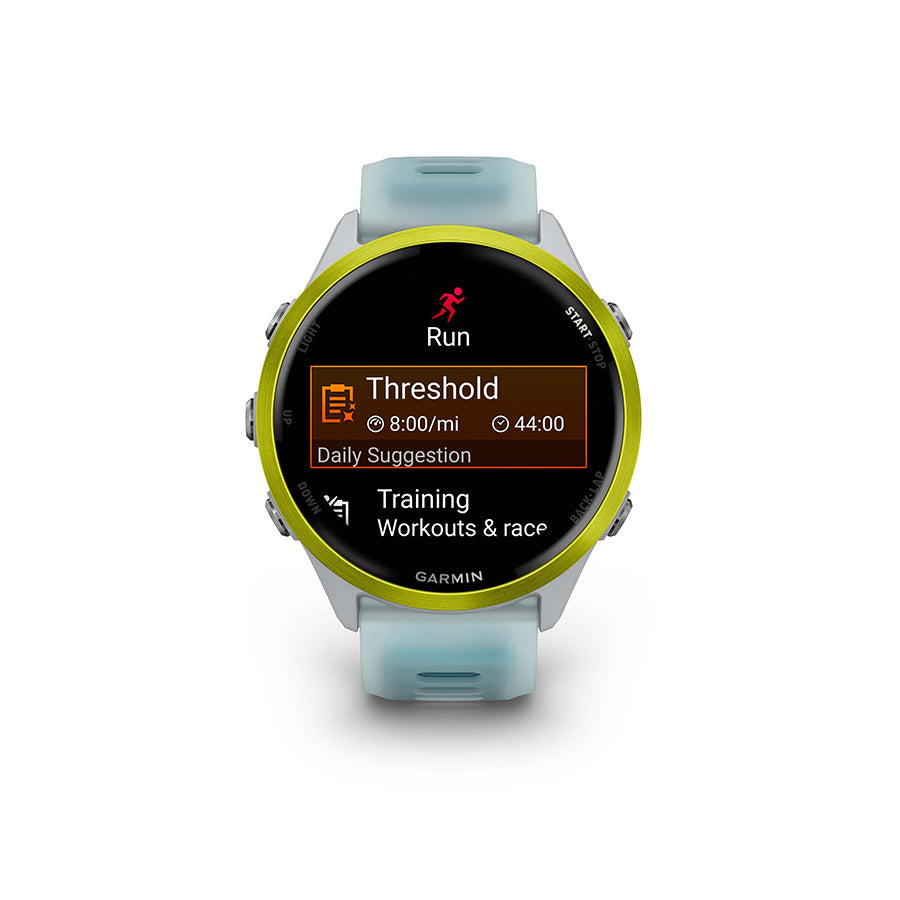 650553-02::1::650553-02::Garmin, Forerunner 570 47mm, Montre, Couleur de la montre: Pierre Blanche, Bracelet: Pierre Blanche Translucide/Turquoise - Silicone