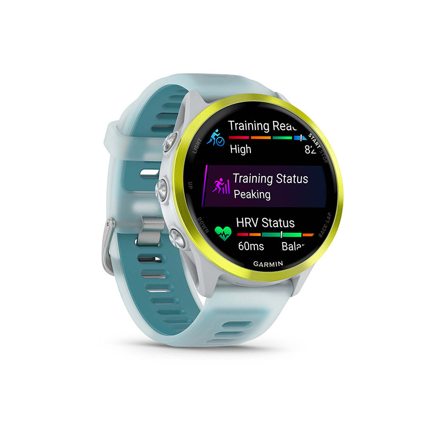 650553-02::2::650553-02::Garmin, Forerunner 570 47mm, Montre, Couleur de la montre: Pierre Blanche, Bracelet: Pierre Blanche Translucide/Turquoise - Silicone