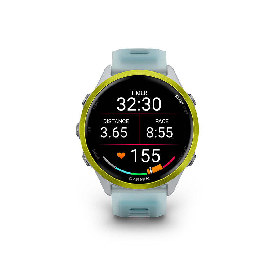 650553-02::5::650553-02::Garmin, Forerunner 570 47mm, Montre, Couleur de la montre: Pierre Blanche, Bracelet: Pierre Blanche Translucide/Turquoise - Silicone