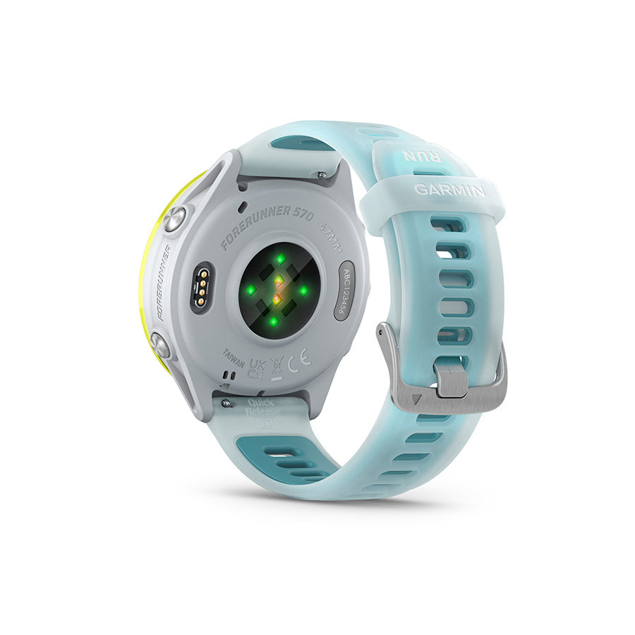 650553-02::6::650553-02::Garmin, Forerunner 570 47mm, Montre, Couleur de la montre: Pierre Blanche, Bracelet: Pierre Blanche Translucide/Turquoise - Silicone
