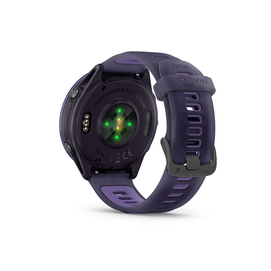 650553-03::6::650553-03::Garmin, Forerunner 570 47mm, Montre, Couleur de la montre: Indigo, Bracelet: Mauve Impérial Translucide/Indigo - Silicone