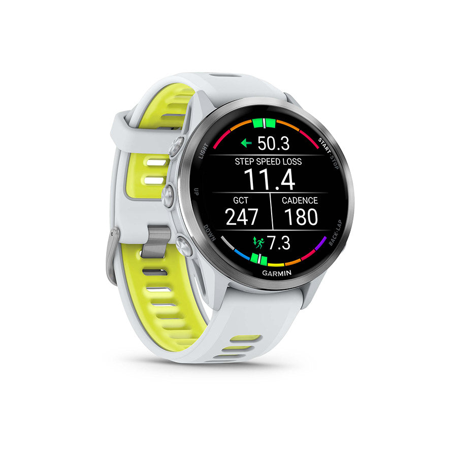 650554-02::2::650554-02::Garmin, Forerunner 970, Montre, Couleur de la montre: Pierre Blanche, Bracelet: Pierre Blanche/Jaune Amp Translucide - Silicone