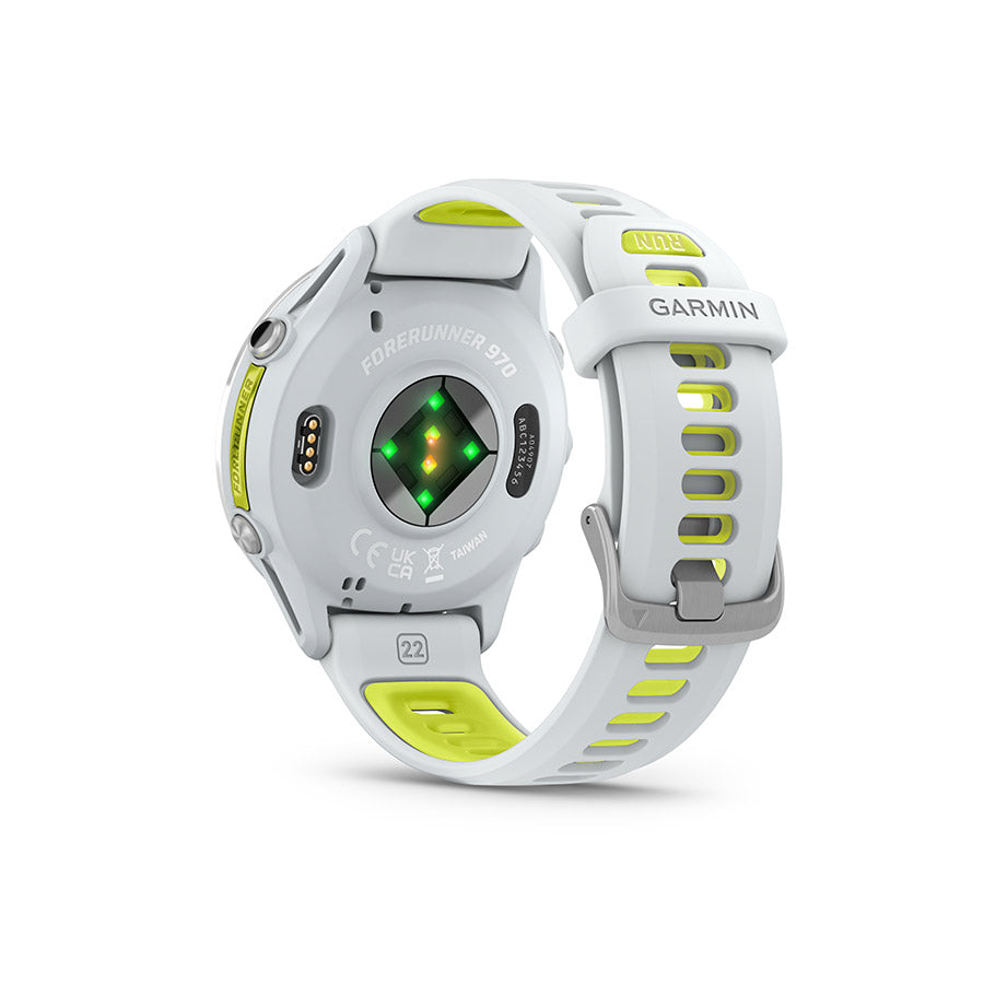 650554-02::6::650554-02::Garmin, Forerunner 970, Montre, Couleur de la montre: Pierre Blanche, Bracelet: Pierre Blanche/Jaune Amp Translucide - Silicone
