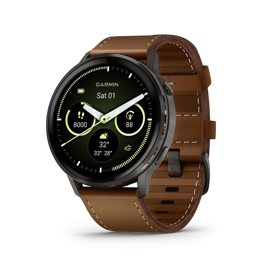 650562-04::0::650562-04::Garmin, Venu 4 45mm, Montre, Couleur de la montre: Ardoise, Bracelet: Brun - Cuir