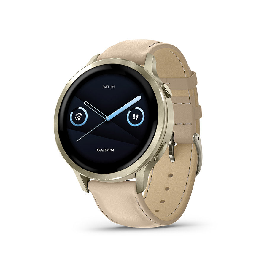 650563-04::0::650563-04::Garmin, Venu 4 41mm, Montre, Couleur de la montre: Or lunaire, Bracelet: Sable pâle - Cuir