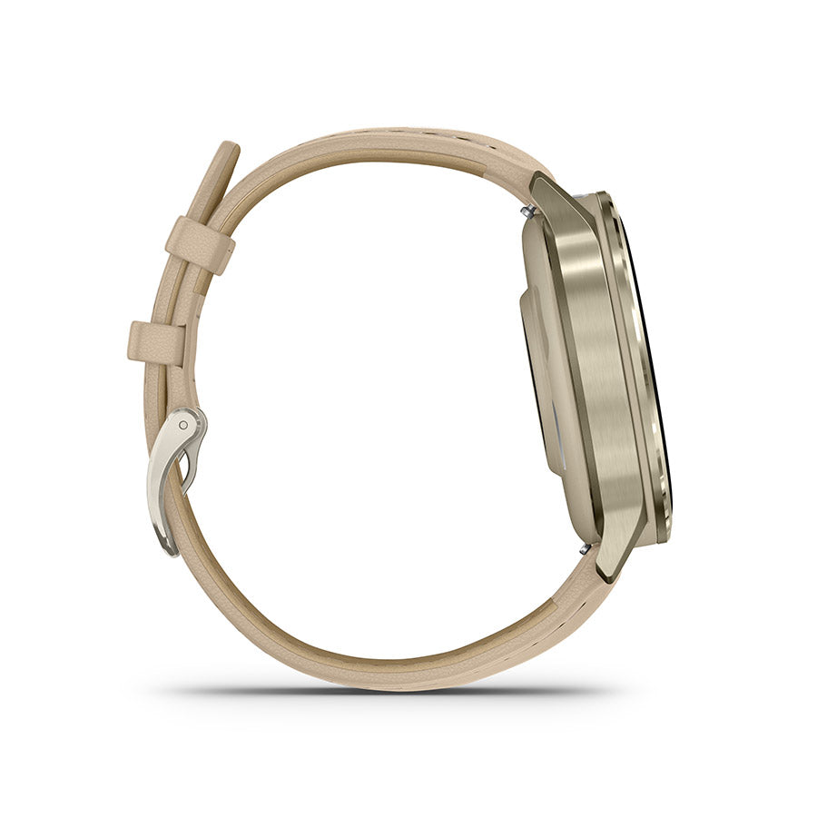 650563-04::4::650563-04::Garmin, Venu 4 41mm, Montre, Couleur de la montre: Or lunaire, Bracelet: Sable pâle - Cuir