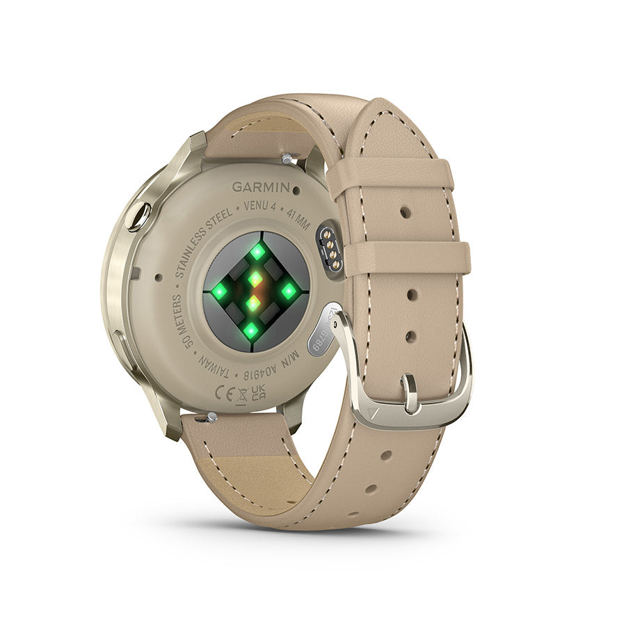 650563-04::6::650563-04::Garmin, Venu 4 41mm, Montre, Couleur de la montre: Or lunaire, Bracelet: Sable pâle - Cuir