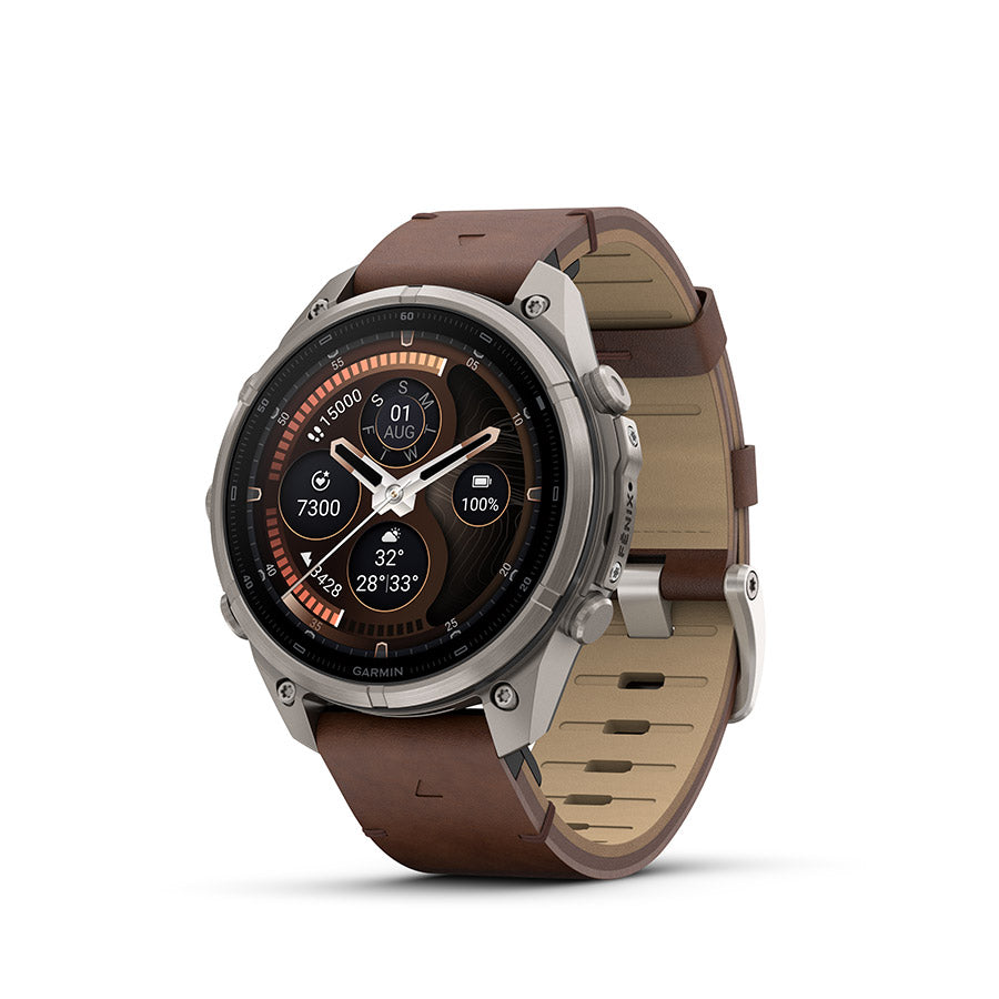650573-04::0::650573-04::Garmin, fenix 9 Pro inReach 47mm, Montre, Couleur de la montre: Titane, Bracelet: Noyer - Cuir