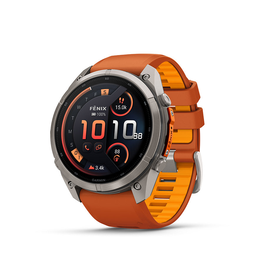650575-01::0::650575-01::Garmin, fenix 9 Pro inReach 51mm, Montre, Couleur de la montre: Titane, Bracelet: Orange d'automne/ Orange étincelle - Silicone