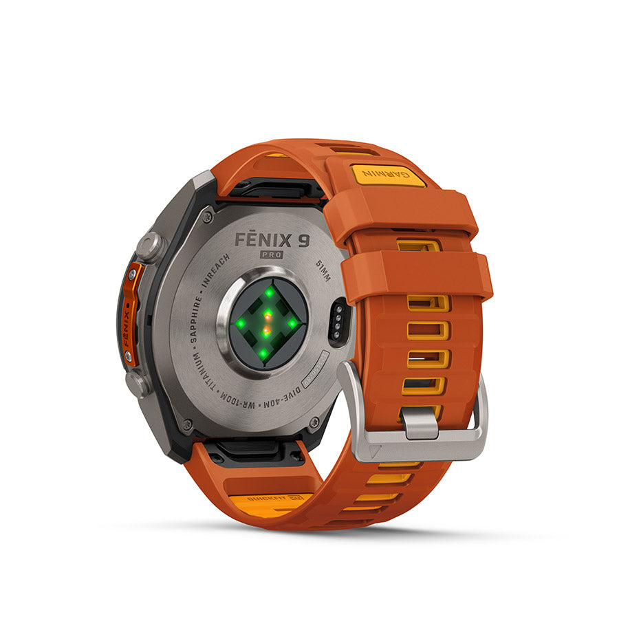 650575-01::2::650575-01::Garmin, fenix 9 Pro inReach 51mm, Montre, Couleur de la montre: Titane, Bracelet: Orange d'automne/ Orange étincelle - Silicone
