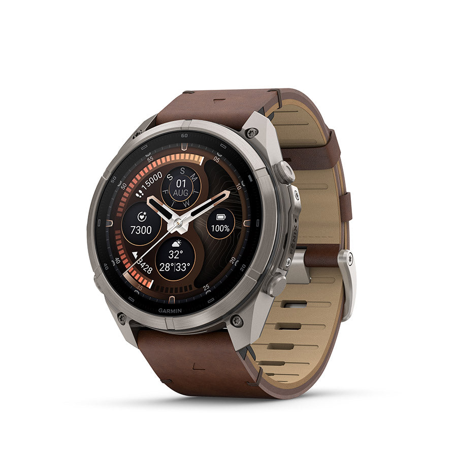 650575-04::0::650575-04::Garmin, fenix 9 Pro inReach 51mm, Montre, Couleur de la montre: Titane, Bracelet: Noyer - Cuir