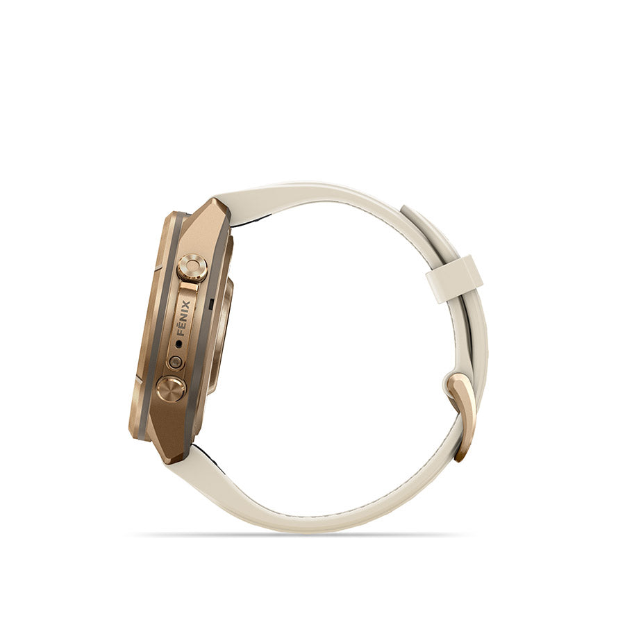 650577-03::3::650577-03::Garmin, fenix 9 Pro 43mm, Montre, Couleur de la montre: Or, Bracelet: Crème/ Gris français - Silicone
