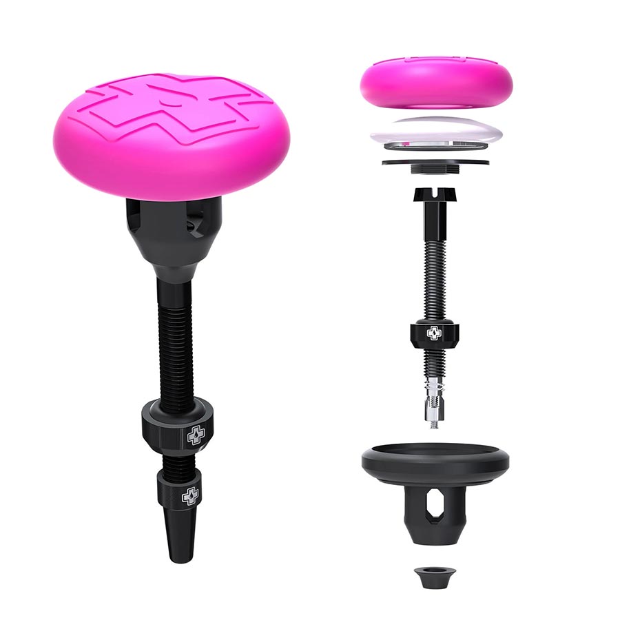 660347-02::3::660347-02::Muc-Off, Tubeless Tag Holder avec Ensemble de Valves 44mm, Noir/Rose