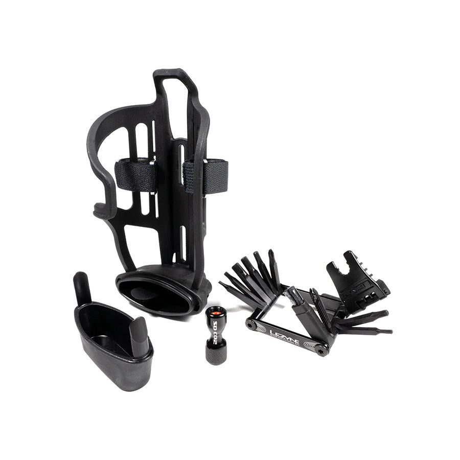 710189-02::0::710189-02::Lezyne, Tubeless Flow Storage Loaded, Porte-Bidon, Composite, Comprend Tête CO2, Multi-Outil V18, Trousse De Réparation de Pneus Tubeless (Droit)