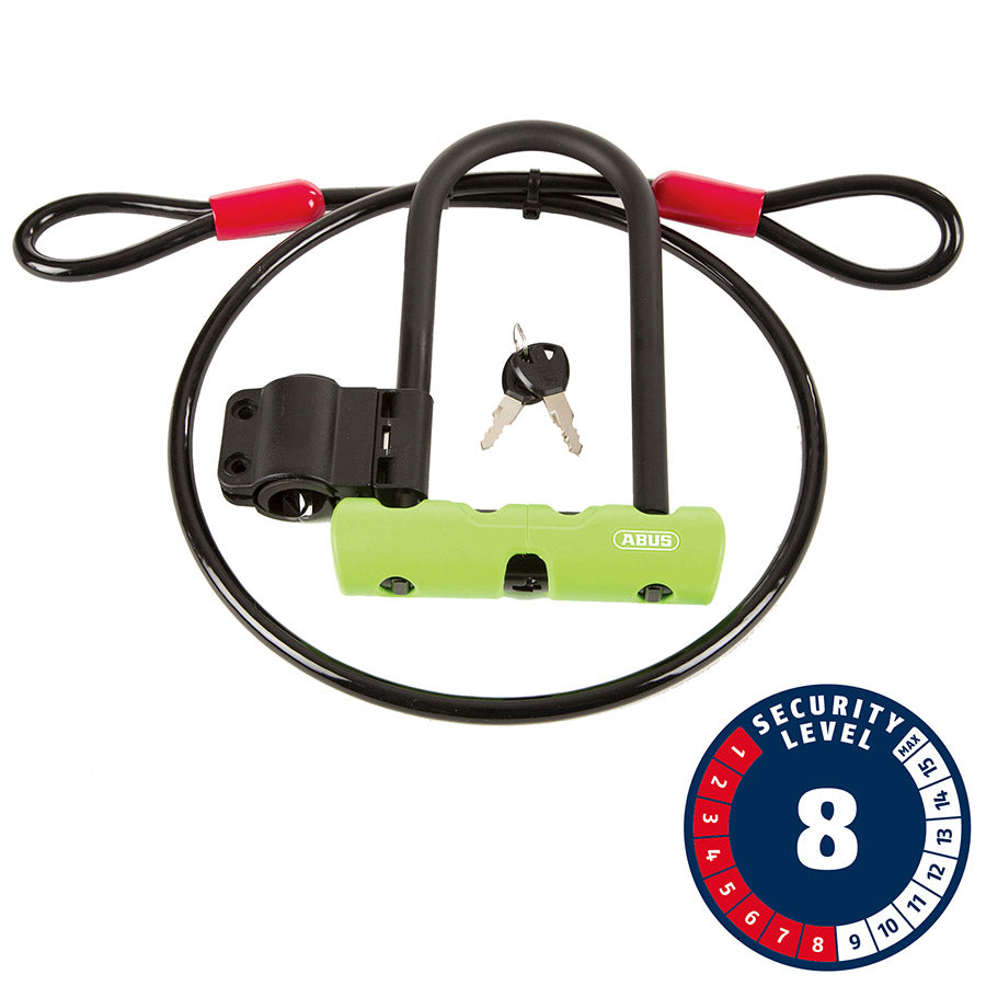 810233-02::0::810233-02::Abus, Ultra Mini + Cobra Loop, Cadenas en U, Clé, 12mm, 15.0cm x 18.0cm, 5.9" x 7.1", SH34, Vert; Câble, 10mm, 120cm, 4'