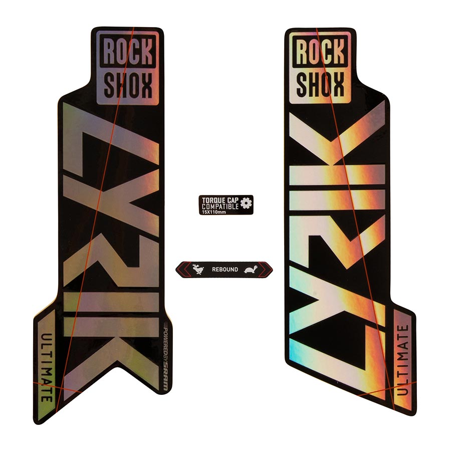 942610-03::0::942610-03::Rockshox, Autocollants Lyrik Ultimate, Arc-en-Ciel Lustré pour jambage Noir Lustré
